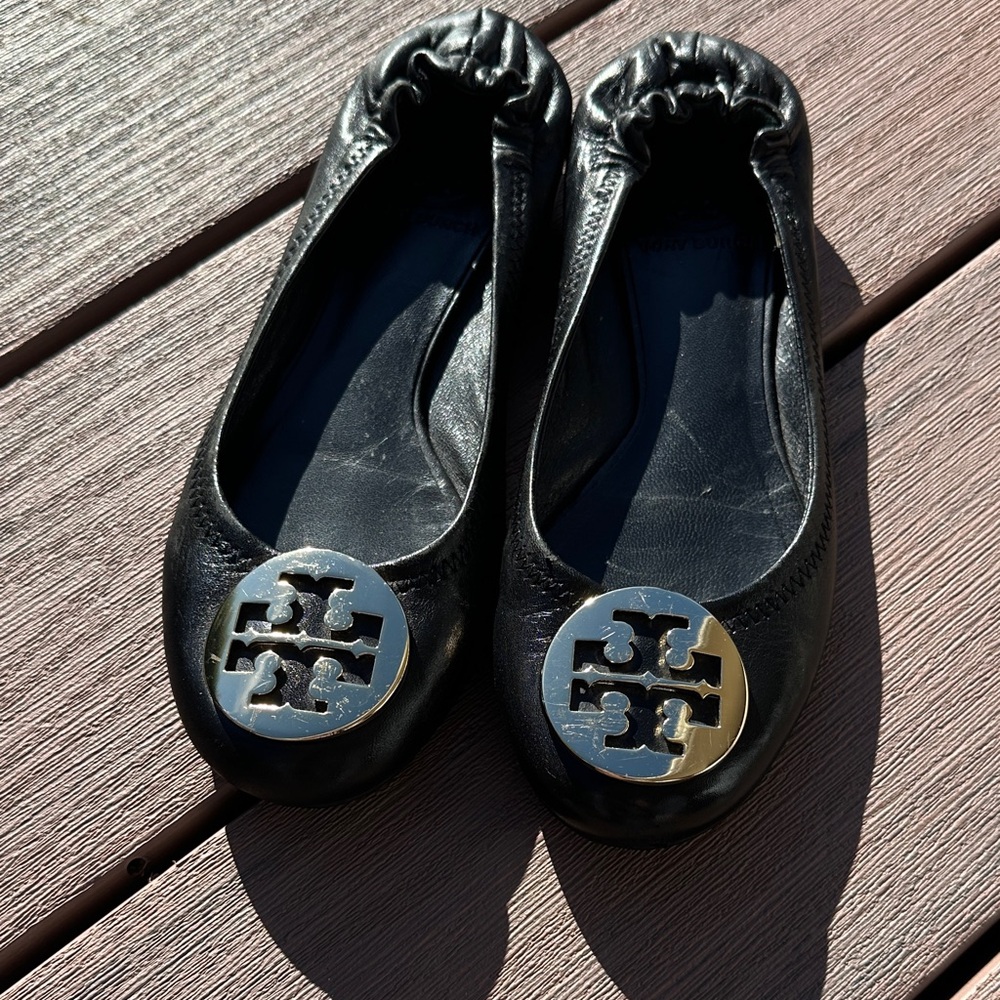 Tory Burch Black Flats with Metallic Emblem